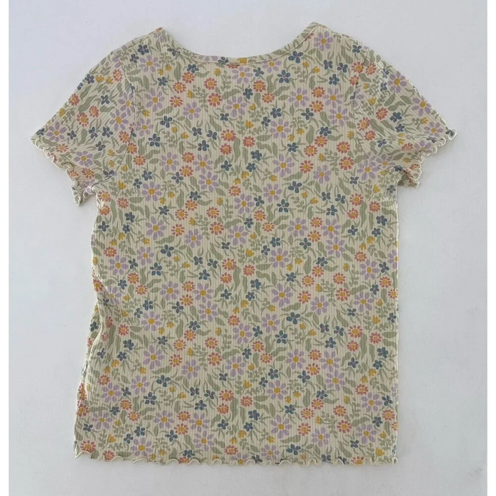Cat & Jack Ditzy Floral Ribbed Knit Top Girls‎ Short Sleeve Beige Shirt L 10/12